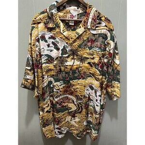 Hilo Hattie Men’s L 100% Silk Hawaiian Shirt Hula Girl Land Of Aloha Dress Shirt